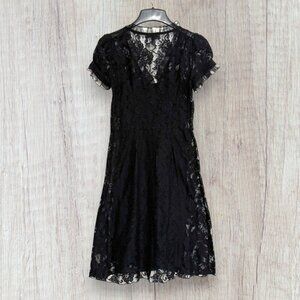 Y2K Betsey Johnson Black Lace Overlay Dress Slip Puff Sleeve Ruffle Trim Vintage